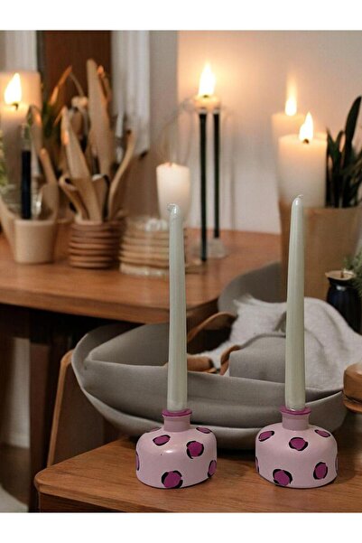 Porselian El Yapımı Minimalist Pembe Desenli Seramik Mumluk Seti – Taş Görünü...