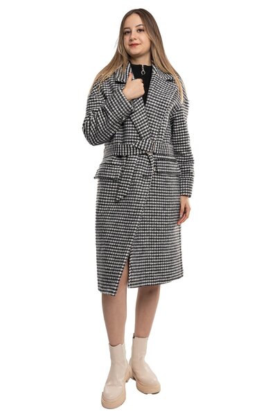 AYHAN 20252 Kazayağı Kuşaklı Düğmeli Pamuklu Uzun Kadın Kaban