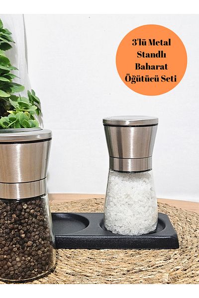 BRE HOME 3-Piece Countertop Salt Pepper Spice Grinder with Metal Stand Stainless Steel Lid 13 cm