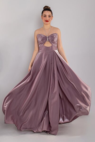 Saygın 550 Straplez Göğüs Taş Detay Yırtmaçlı Uzun Saten Elbise