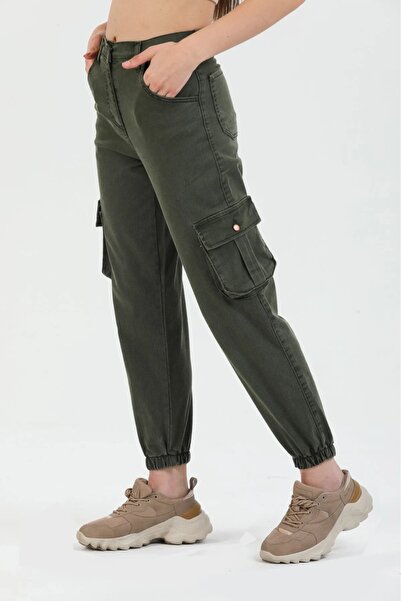 Oyga Women's Khaki Jogger Comfortable Fit Elastic Leg Cargo Pocket Gabardine Women's Trousers