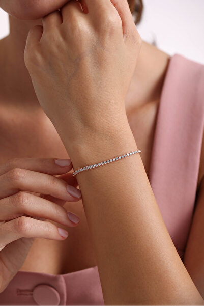 Nereze 925 Ayar Gümüş Rose Kaplama 2 Mm Zirkon Taşlı Suyolu Bileklik