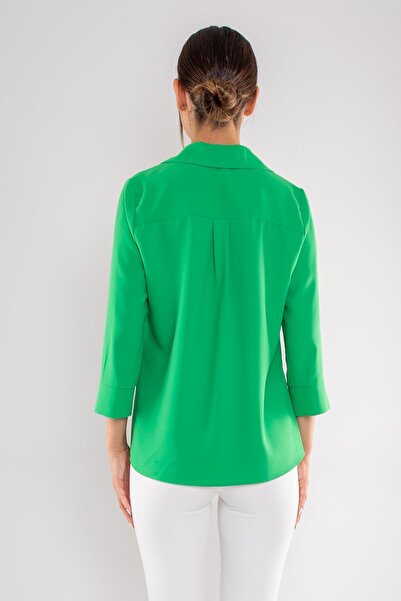 AYHAN 81285 Three-quarter Sleeve Crepe Blouse with Brooch