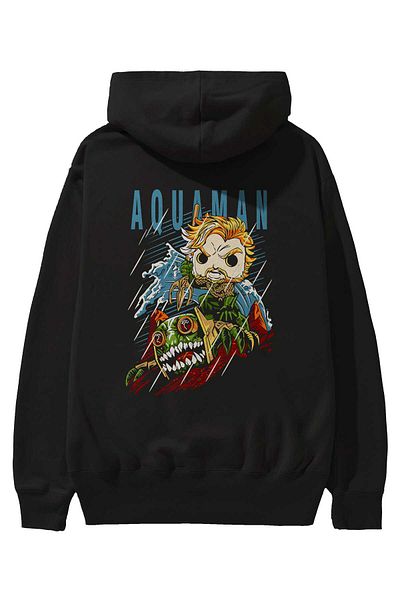 Ankhises Hanorac negru oversize cu glugă cu imprimeu pe spate Aquaman Bărbați Femei