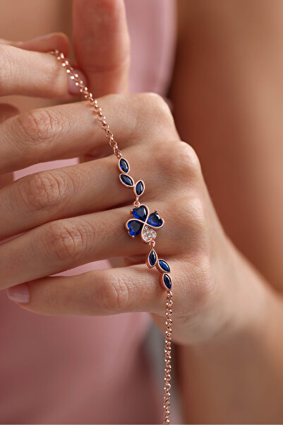 Nereze 925 Ayar Gümüş Rose Kaplama Doç Zincir Mavi Taşlı Yonca Bileklik