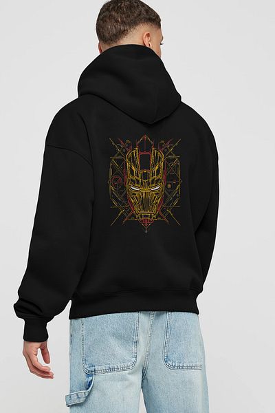 Ankhises Iron Man 1 Back Printed Negru Oversize Glugă Hanorac Bărbați Femei