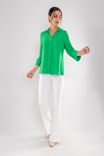 AYHAN 81285 Three-quarter Sleeve Crepe Blouse with Brooch