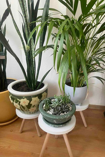 Evnalia 25 Cm Diameter White 3-piece Wooden Flower Pot Flower Stand - Raw Leg Decorative Side Table Nesting Set for Home