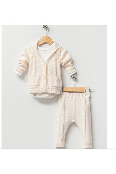 Nipperland Girl's 3-Piece Cotton Set - Cotton Baby Lapel Buttoned Knitwear Cardigan & Knitwear Pants & Snap Body