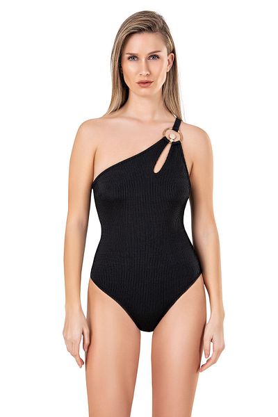 Endeep Women's Cut Out Detailed Textured Black Swimsuit