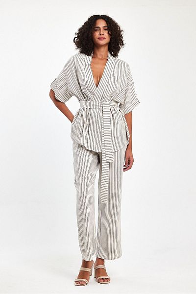 VİOLETTE Linen Kimono Set - Black Striped