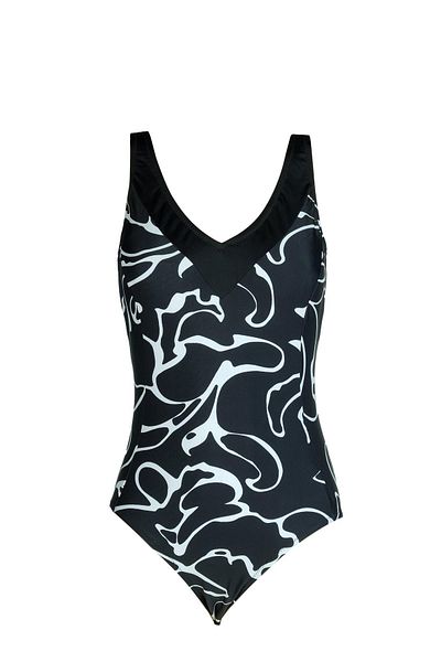 Endeep Beria Women's Black and White Patterned V-Neck Compact Swimsuit