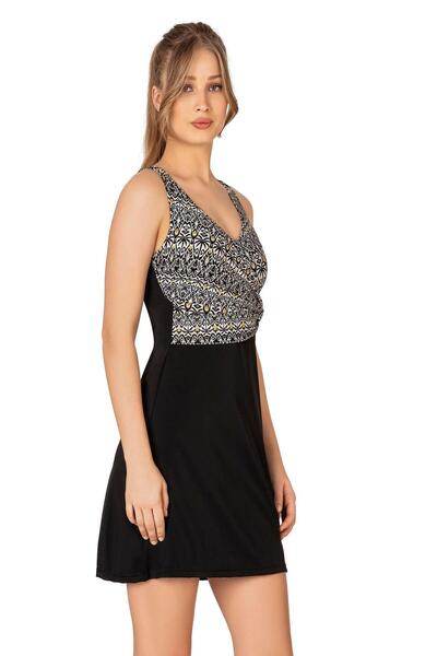 Endeep Women's Double Breasted Detailed Patterned Dress Skirted Swimsuit