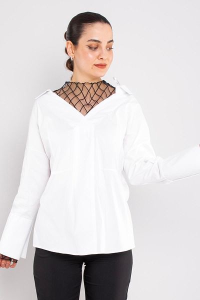 AYHAN 50284 Mesh Detail Cotton Long Sleeve Shirt