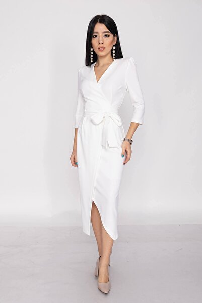 AYHAN 61246 Kruvaze Yaka Bağlamalı Krep Elbise