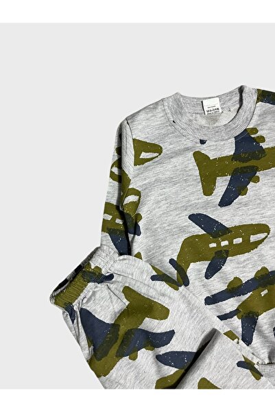 ALİŞ KİDS Fiú pamut szürke repülőgép mintás hosszú ujjú szezonális pizsama szett