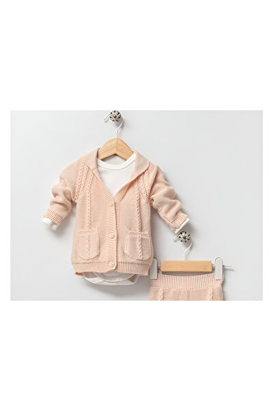 Nipperland Girl's 3-Piece Cotton Set - Cotton Baby Lapel Buttoned Knitwear Cardigan & Knitwear Pants & Snap Body