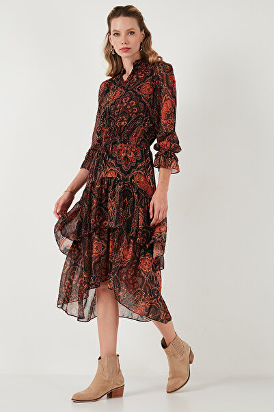 Lela Standart Fit Yaka Detaylı Volanlı Şifon Midi Elbise  ELBİSE 611EL1451