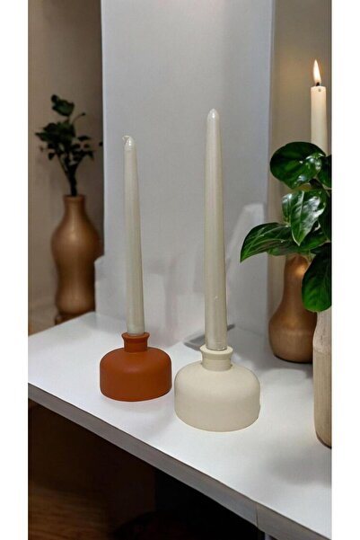 Porselian El Yapımı Minimalist Taş Mumluk Seti, Turuncu Beyaz Seramik Mumluk