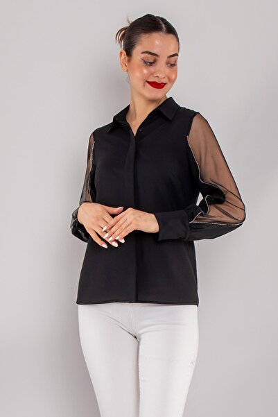 AYHAN 81839 Organze Tül Kol Krep Zincir Detay Gömlek