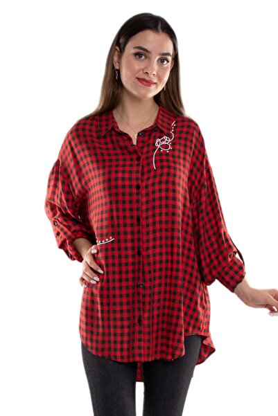 AYHAN 50649 Düğmeli Taş Detay Kareli Kadın Gömlek