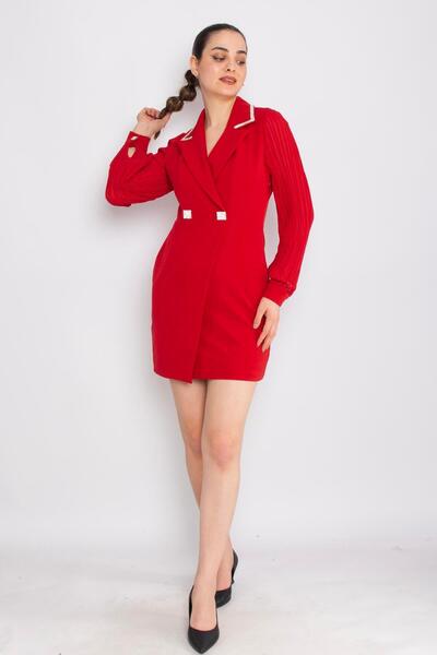 AYHAN 61992 Akordion Kol Yaka Taş Detay Kısa Krep Elbise