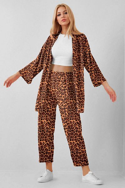 SUHIS Leopard Patterned Kimono Pants Knitted Set