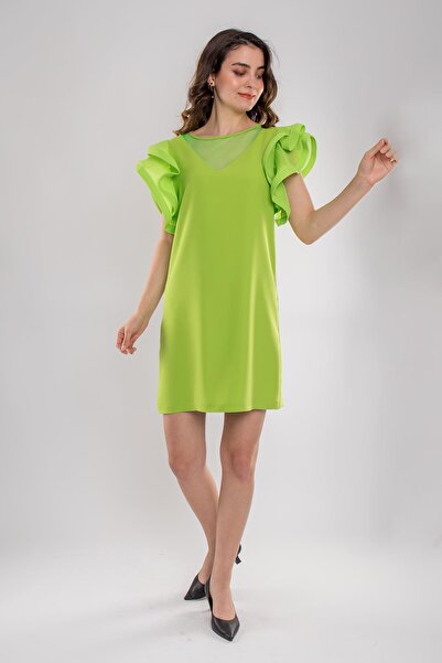 AYHAN 61850 V Yaka Tül Kol Fırfırlı Kısa Krep Elbise