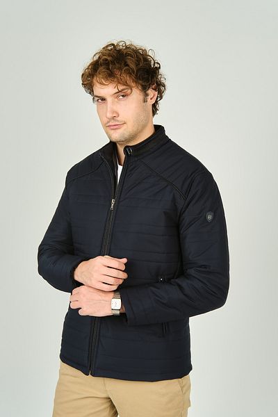 LUCAS Men's Stand Collar Leather Piping Double Pocket Coat 4707 Navy Blue
