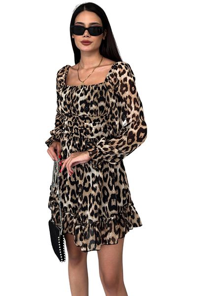 Moda Amore Leopard Patterned Chiffon Mini Evening Dress - Low Collar Women's Dress 006