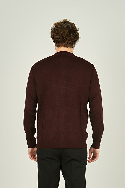 Ateş Triko Men's Zippered Pocket Detailed High Collar Wool Cardigan 4491 Claret Red