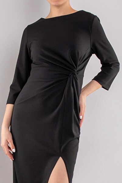 AYHAN 61923 Kollu Bisiklet Yaka Yandan Büzgülü Uzun Krep Elbise