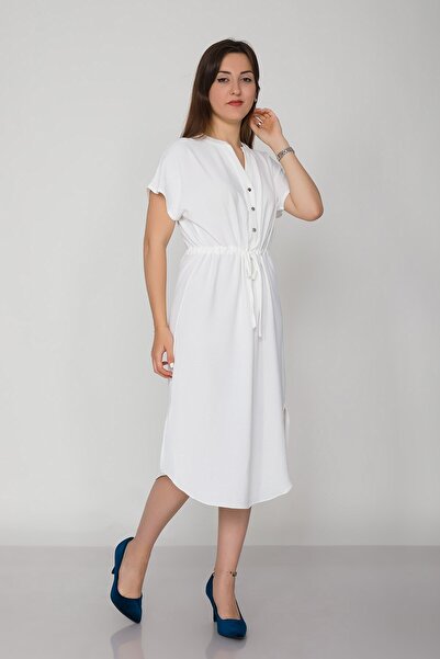 Vitrin 4562 Beli Büzgülü Vyaka Yırtmaçlı Viscon Elbise