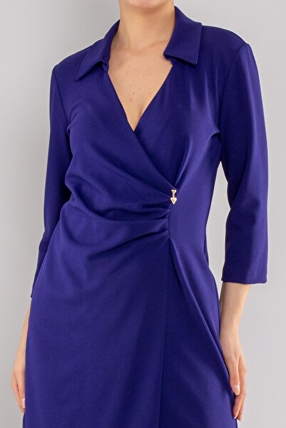 AYHAN 61895 Beli Lastik Yandan Drape Truvakar Kol Yakalı Krep Elbise