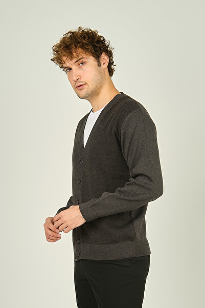 Ateş Triko Men's Pocket Detailed V-Neck Wool Cardigan 4490 Dark Gray
