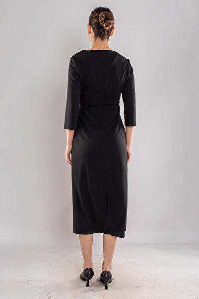 AYHAN 61923 Kollu Bisiklet Yaka Yandan Büzgülü Uzun Krep Elbise