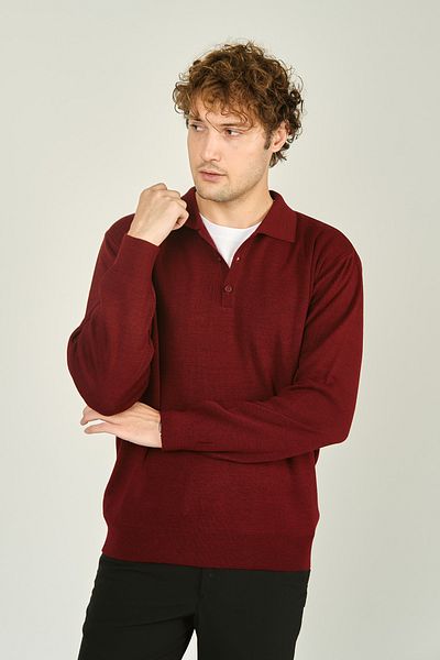 Ateş Triko Men's Polo Collar Buttoned Wool Sweater 6091023   D.Burgundy