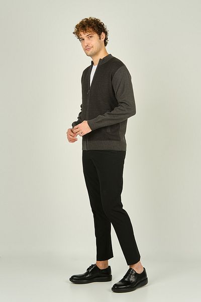 Ateş Triko Men's Zippered Pocket Detailed High Collar Wool Cardigan 4491 Dark Gray