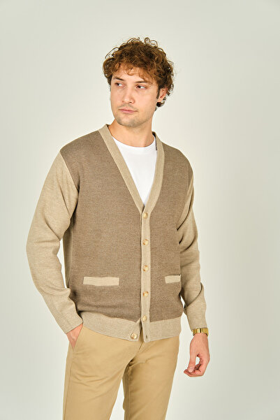 Ateş Triko Beige Colored Men's V-Neck Wool Cardigan - 4490 with Pocket Detail
