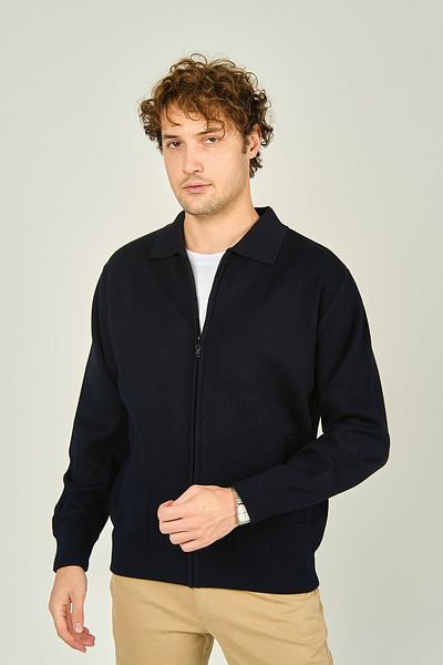 Ateş Triko Men's Zippered Double Pocket Knitwear Wool Coat 0103 Navy Blue