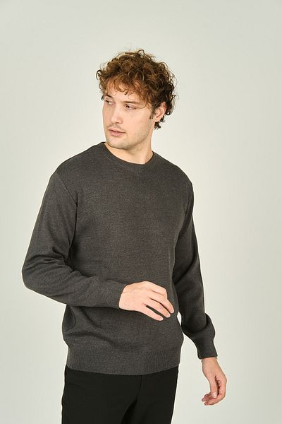 Ateş Triko Men's Crew Neck Wool Sweater 1025 Dark Gray