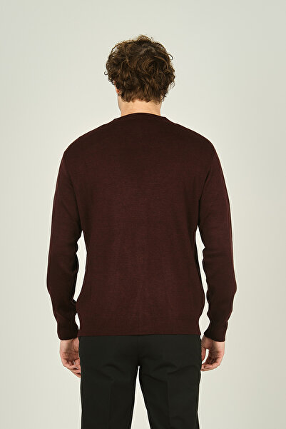 Ateş Triko Men's V-Neck Buttoned Long Sleeve Wool Cardigan 1020 K. Claret Red