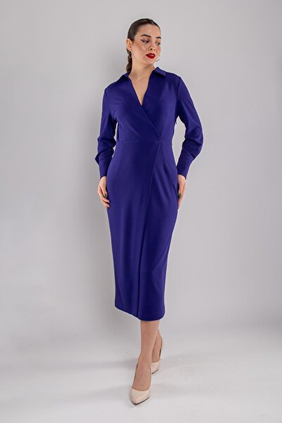 AYHAN 61924 Kruvaze Yakalı Uzun Krep Elbise
