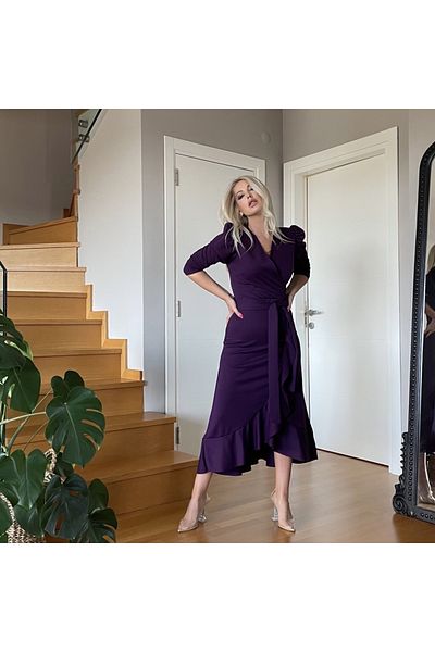 COTTONLAB Crepe Fabric Midi Length Belted Long Sleeve Dress