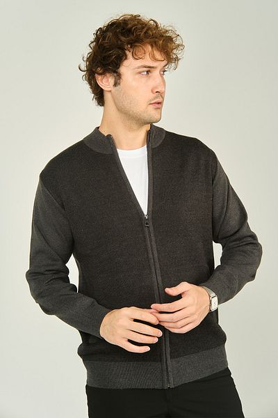 Ateş Triko Men's Zippered Pocket Detailed High Collar Wool Cardigan 4491 Dark Gray