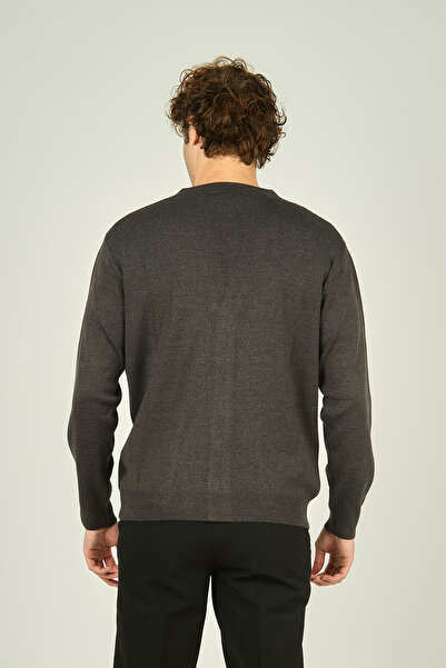 Ateş Triko Men's Pocket Detailed V-Neck Wool Cardigan 4490 Dark Gray