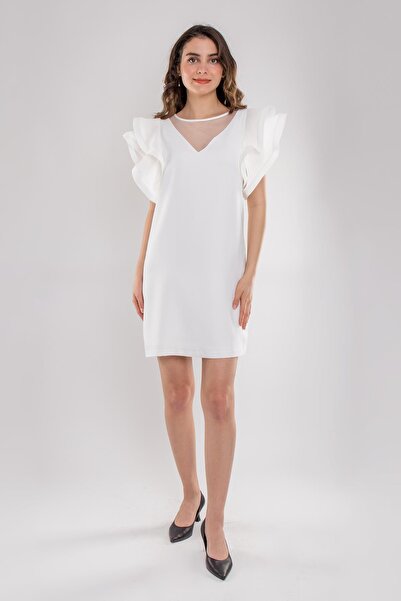 AYHAN 61850 V Yaka Tül Kol Fırfırlı Kısa Krep Elbise