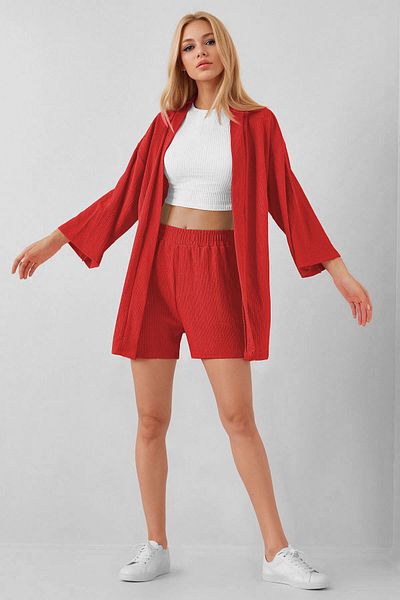 SUHIS Red Kimono Shorts Knitted Set