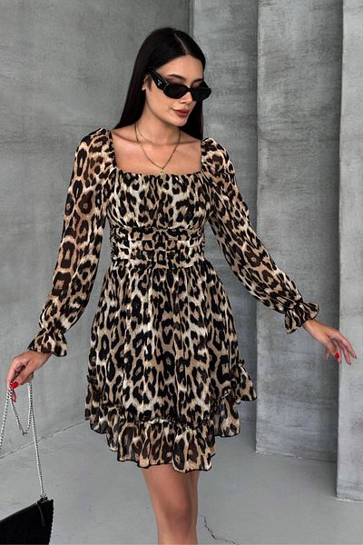 ZISHAN Leopard Print Off Shoulder Chiffon Mini Women's Evening Dress 006