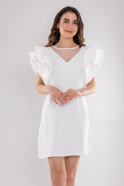 AYHAN 61850 V Yaka Tül Kol Fırfırlı Kısa Krep Elbise